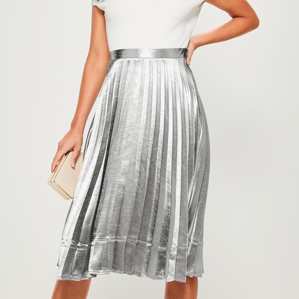 Missguided silver metallic pleated midi skirt